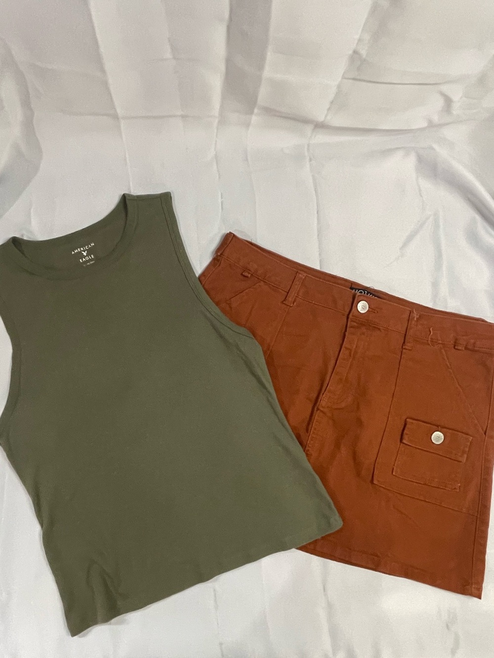 Earth Tone Olive Tank + Rust Utility Mini Skirt Outfit